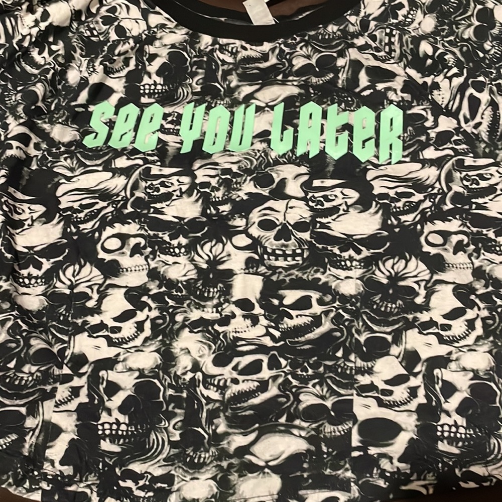 Skelton skull tank GLOW IN THE DARK cropped top womens black white and green